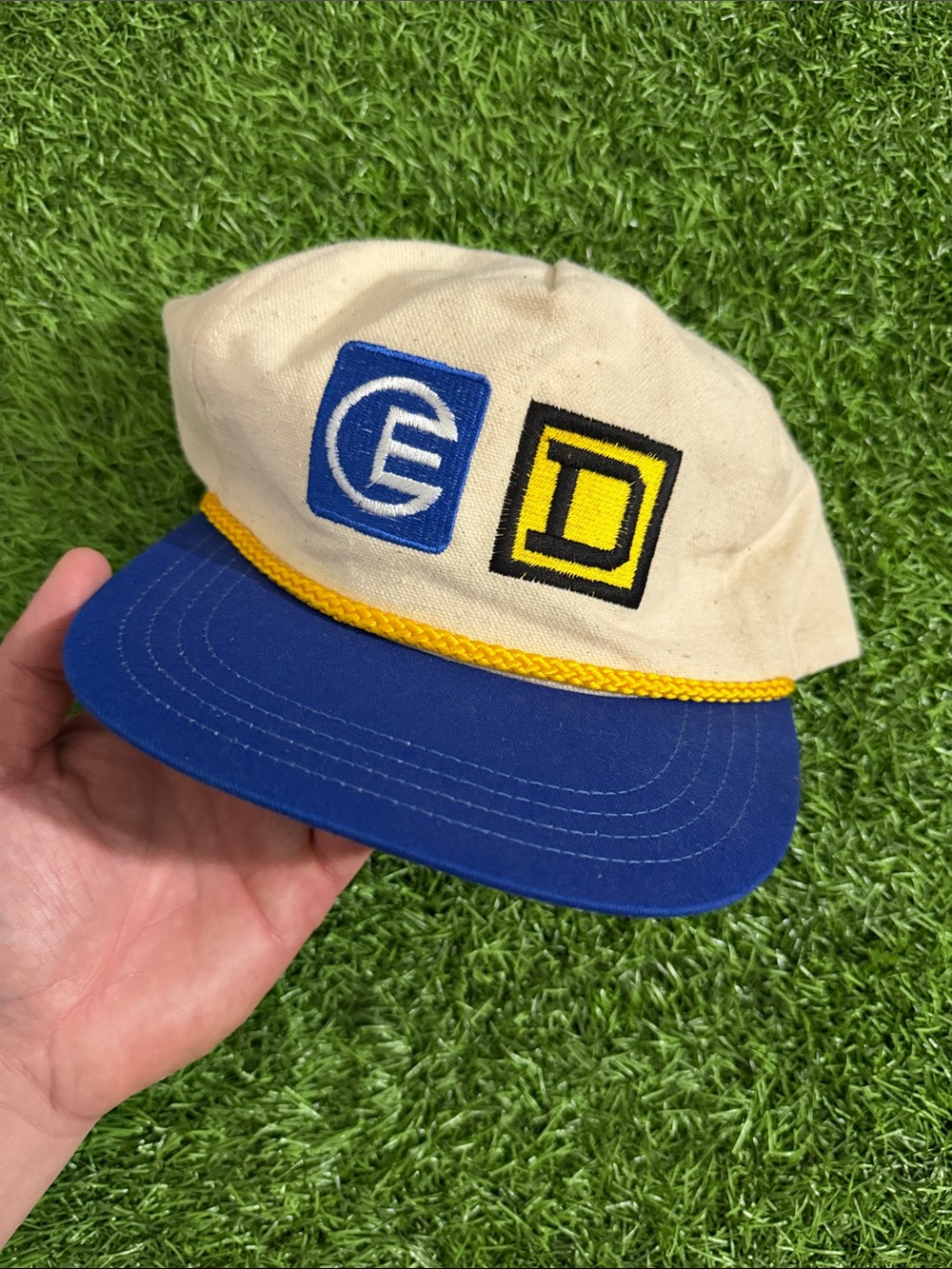 VINTAGE Beige and Blue Cap with Yellow Rope Trim brand new made in USA